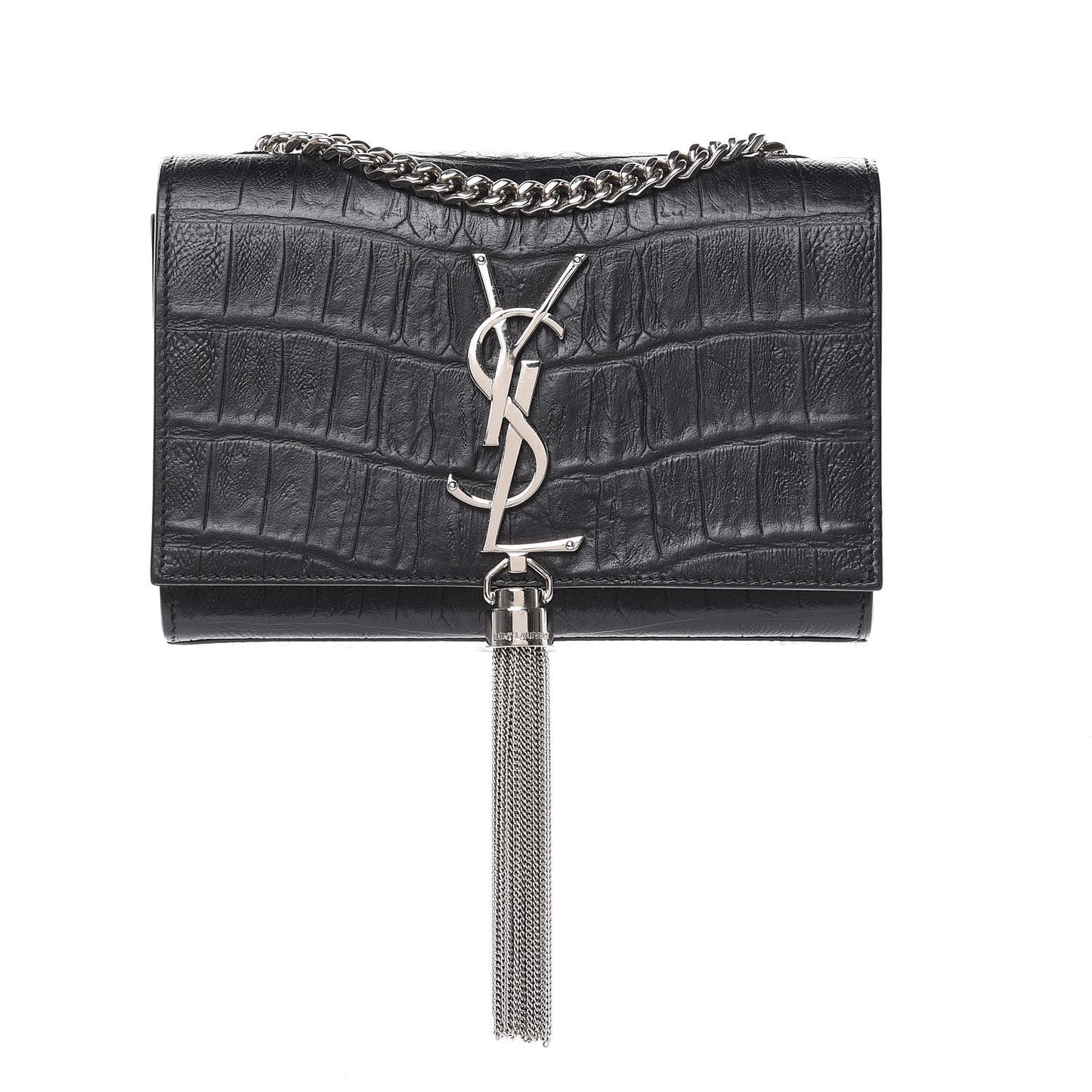 Calfskin Crocodile Embossed Monogram Small Kate Tassel Satchel Black
