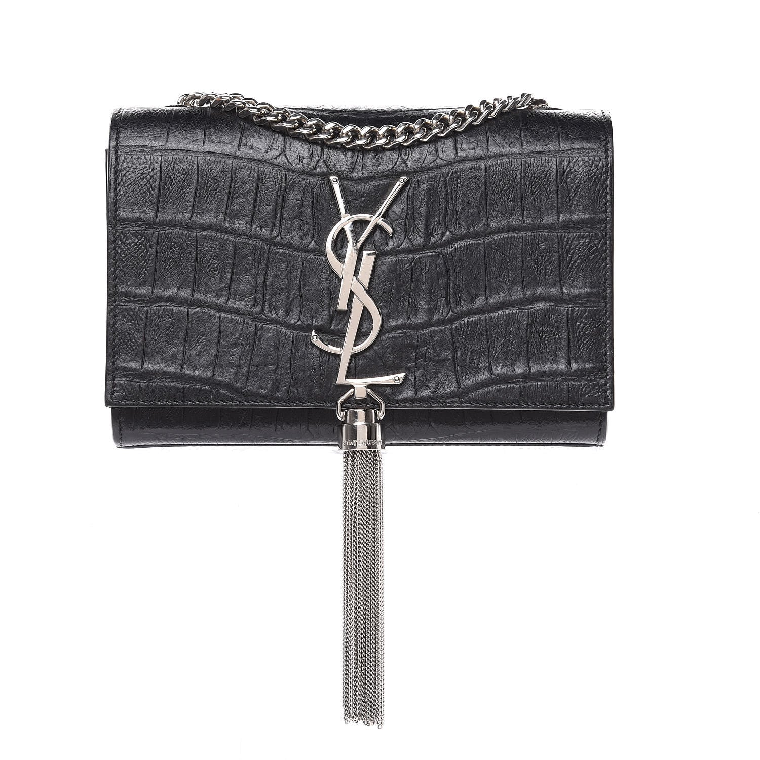 Saint Laurent Calfskin Crocodile Embossed Monogram Small Kate Tassel Satchel Black 1 of 12