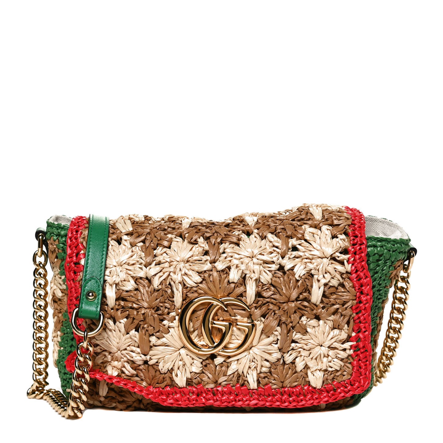 Raffia Azalea Calfskin Crochet Flower Small GG Marmont Shoulder Bag Natural Ecru Green Red New Shamarock