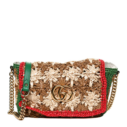Gucci Raffia Azalea Calfskin Crochet Flower Small GG Marmont Shoulder Bag Natural Ecru Green Red New Shamarock 1 of 11
