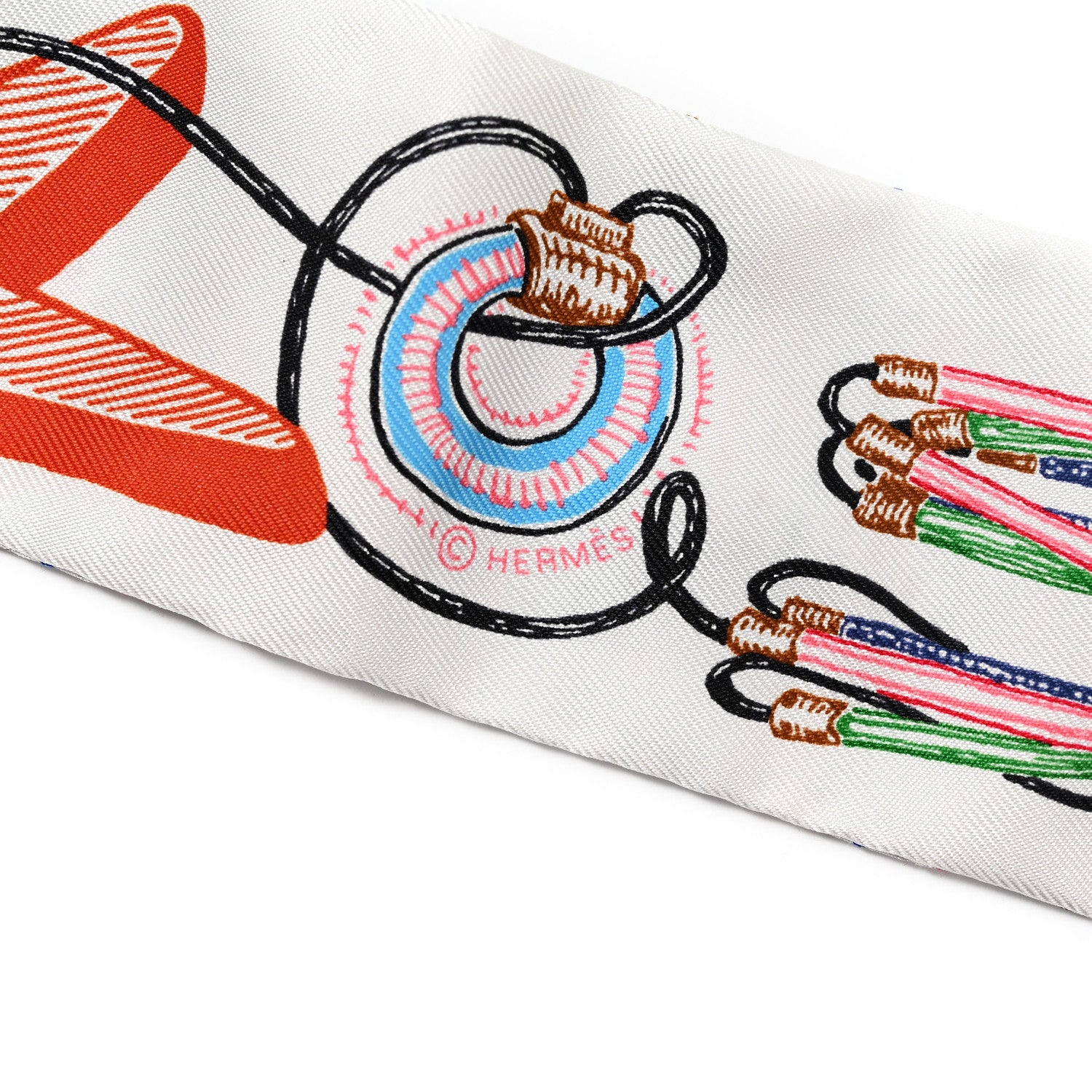 Hermes Silk Chevaloscope Neon Twilly White Bleu Rouge 4 of 4