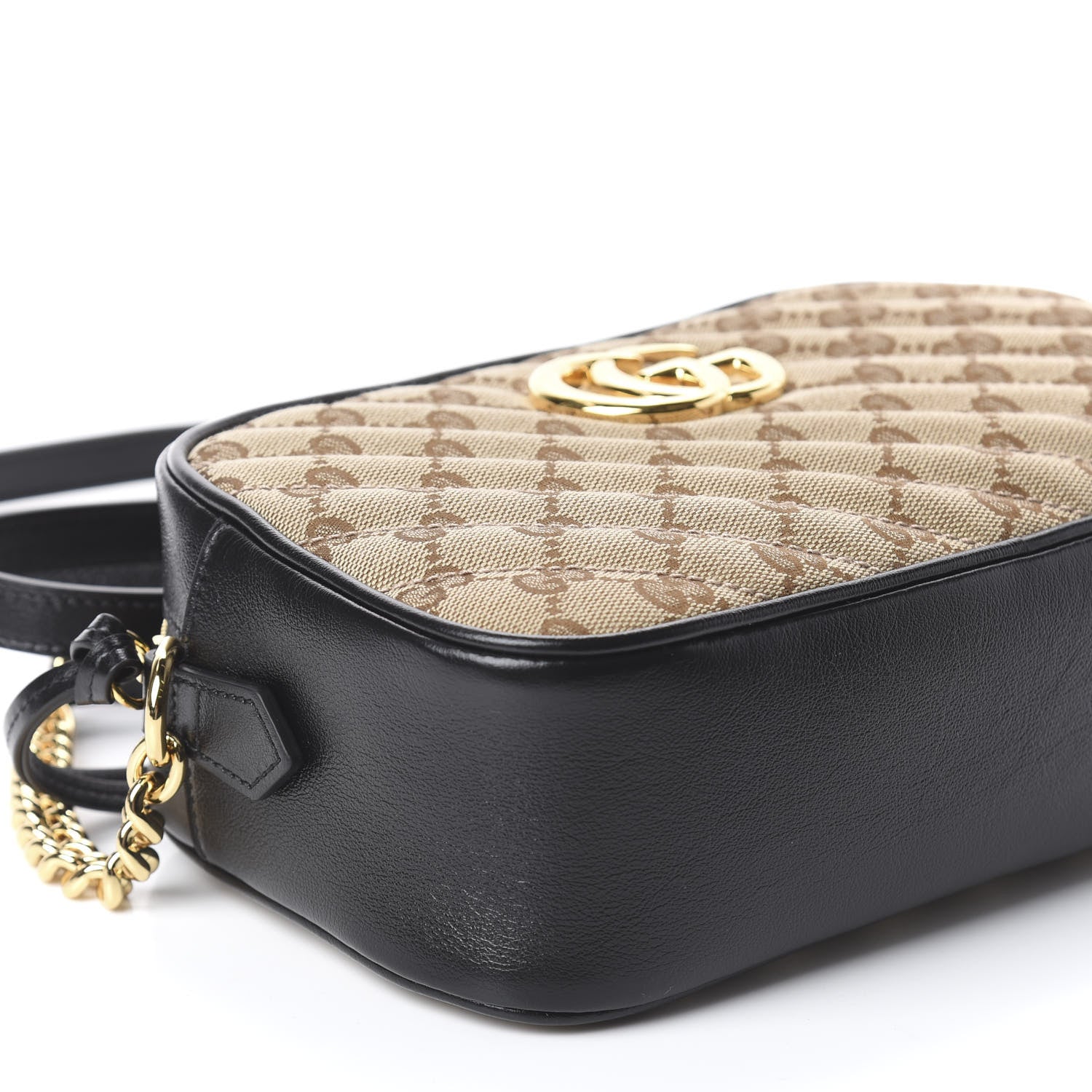 Gucci Monogram Matelasse Diagonal Small GG Marmont Chain Shoulder Bag Beige Black 7 of 8