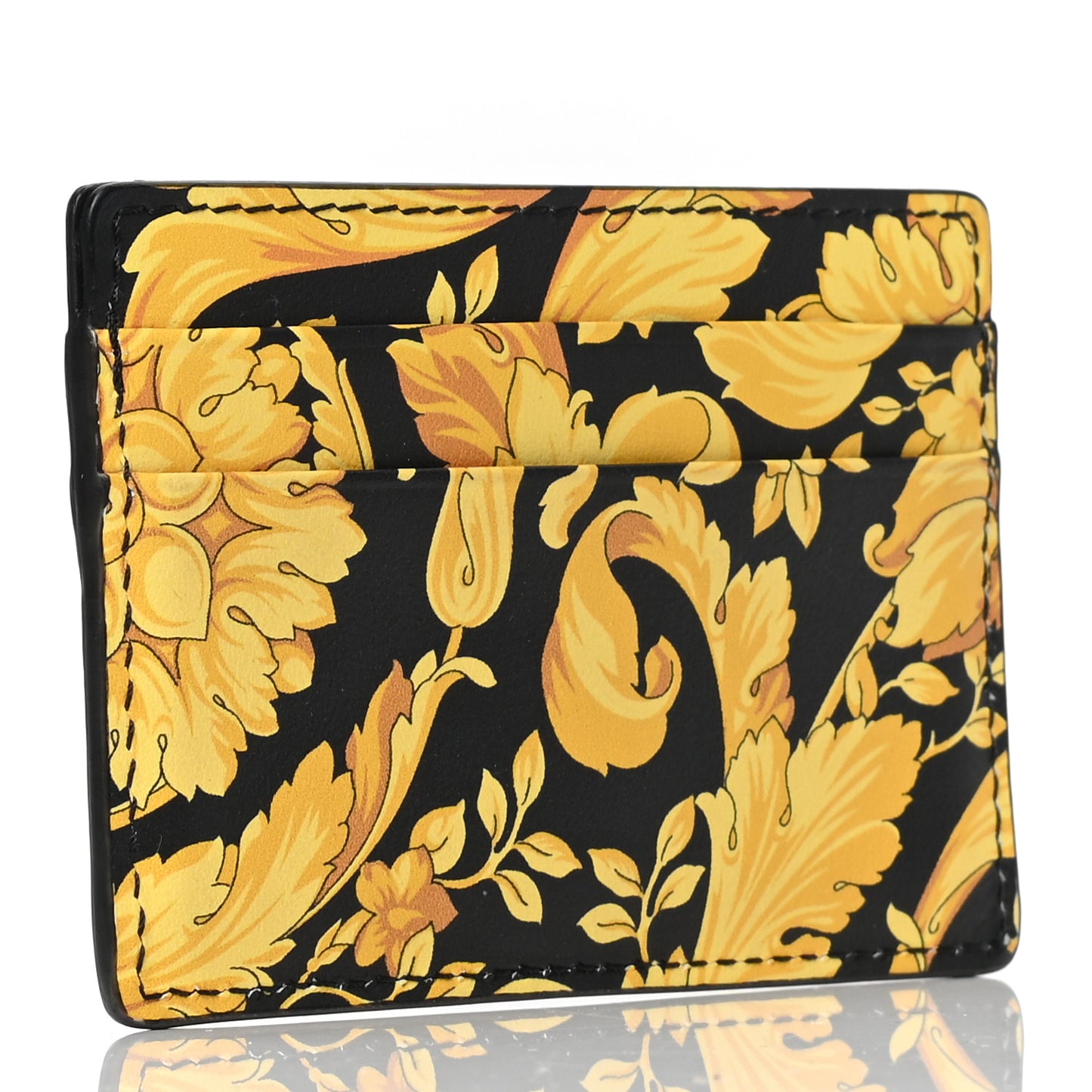 Calfskin Barocco Printed Card Holder Black Gold