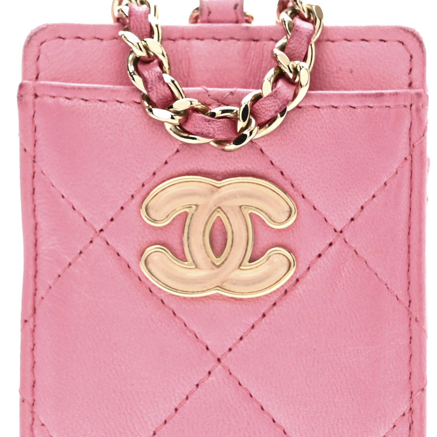 Chanel Lambskin Quilted Enamel Chanel Card Holder On Chain Pink 8 of 8