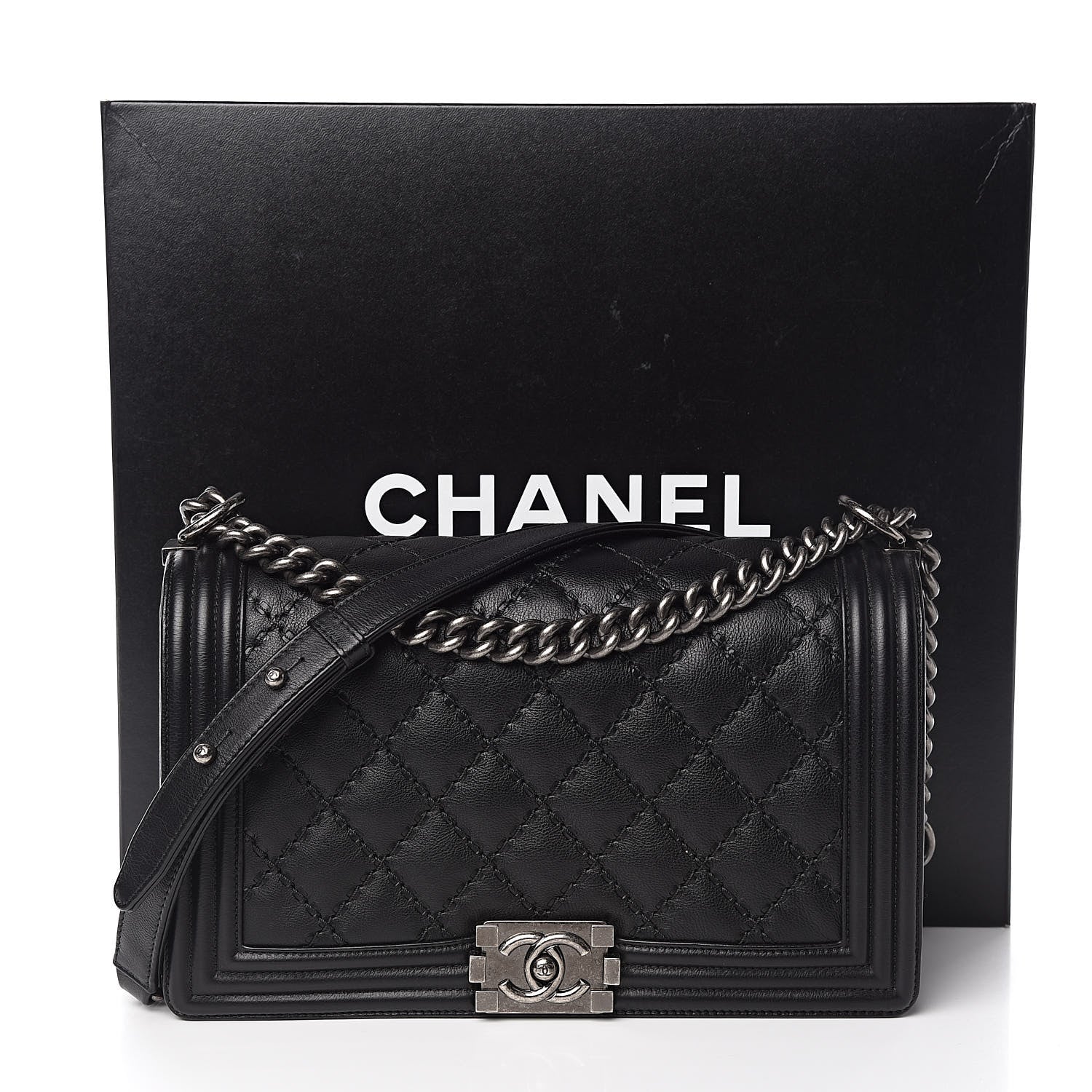 Chanel Calfskin Quilted Double Stitch New Medium Boy Flap Black 13 of 13
