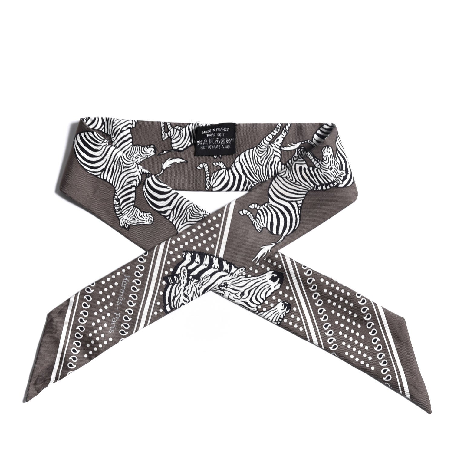 Hermes Silk Les Zebres Twilly Gris Taupe Black White 1 of 7