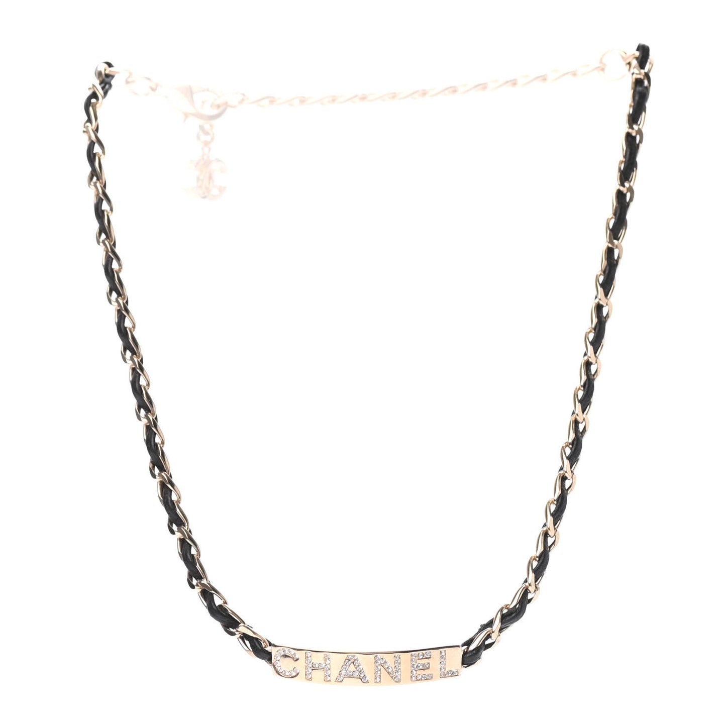 Metal Lambskin Crystal Sergeant Chanel Choker Necklace Black Gold