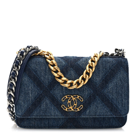 Denim Quilted Chanel 19 Wallet On Chain WOC Blue