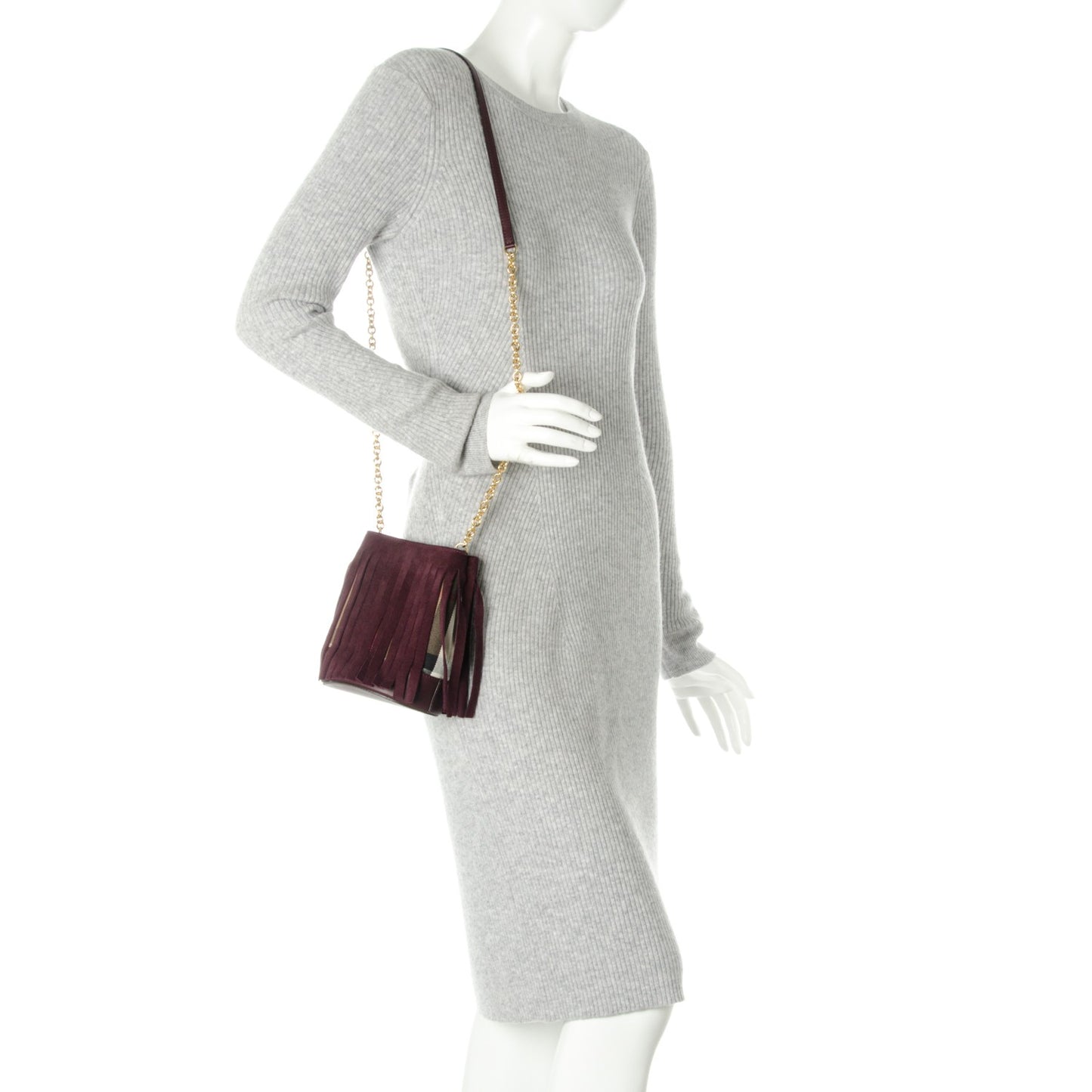 Suede Fringe House Check Baby Bucket Bag Elderberry