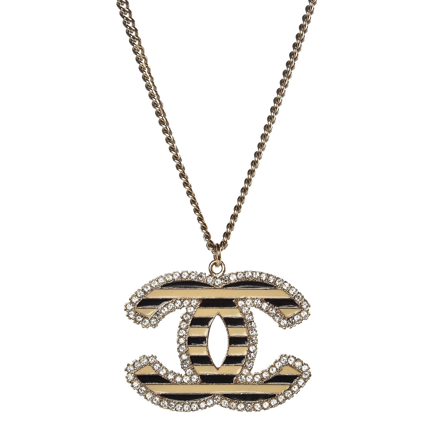Chanel Crystal Enamel Striped CC Pendant Necklace Gold 4 of 6