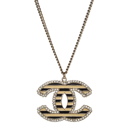 Chanel Crystal Enamel Striped CC Pendant Necklace Gold 4 of 6
