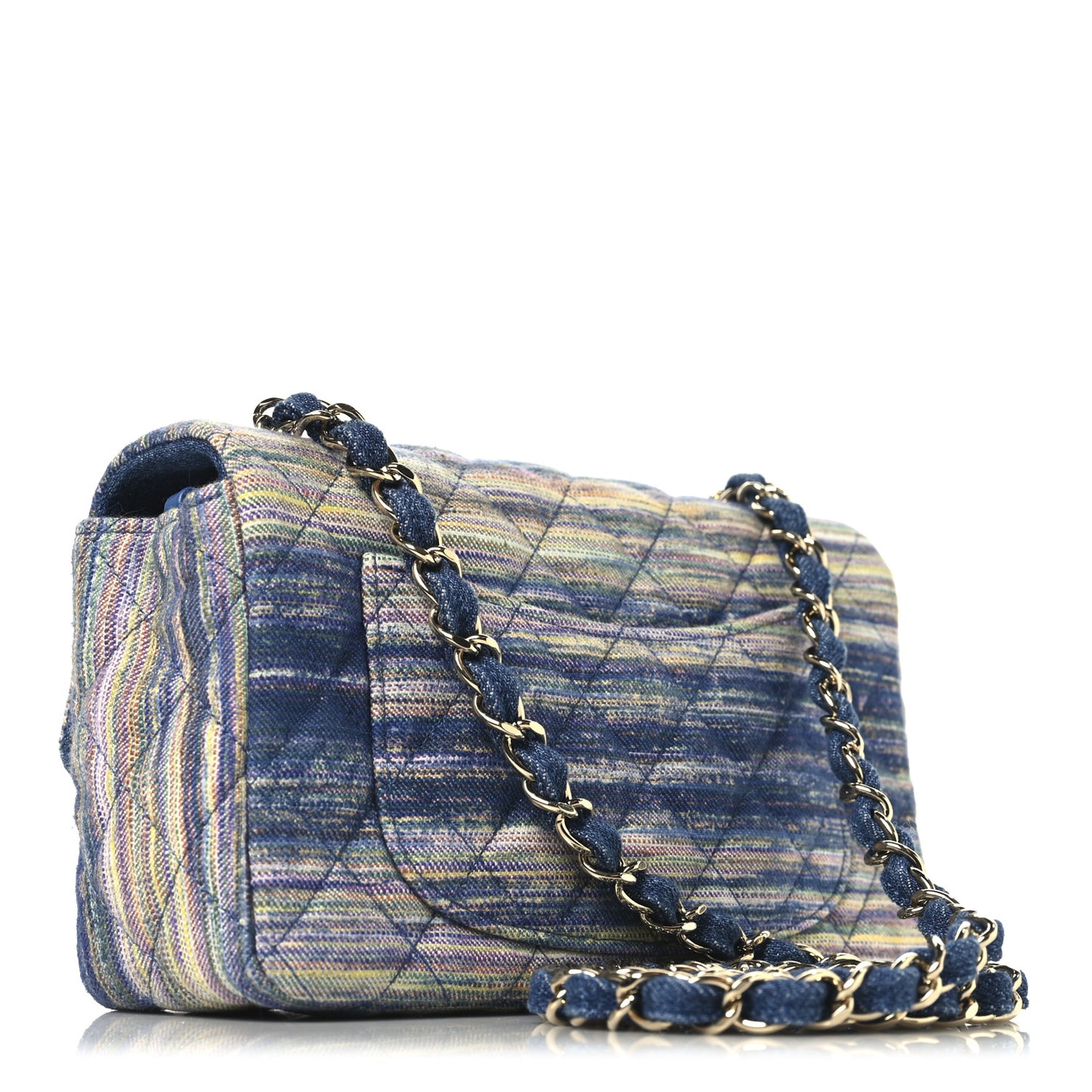 Striated Denim Quilted Classics in Fabrics Mini Rectangular Flap Navy Yellow Purple Green Multicolor