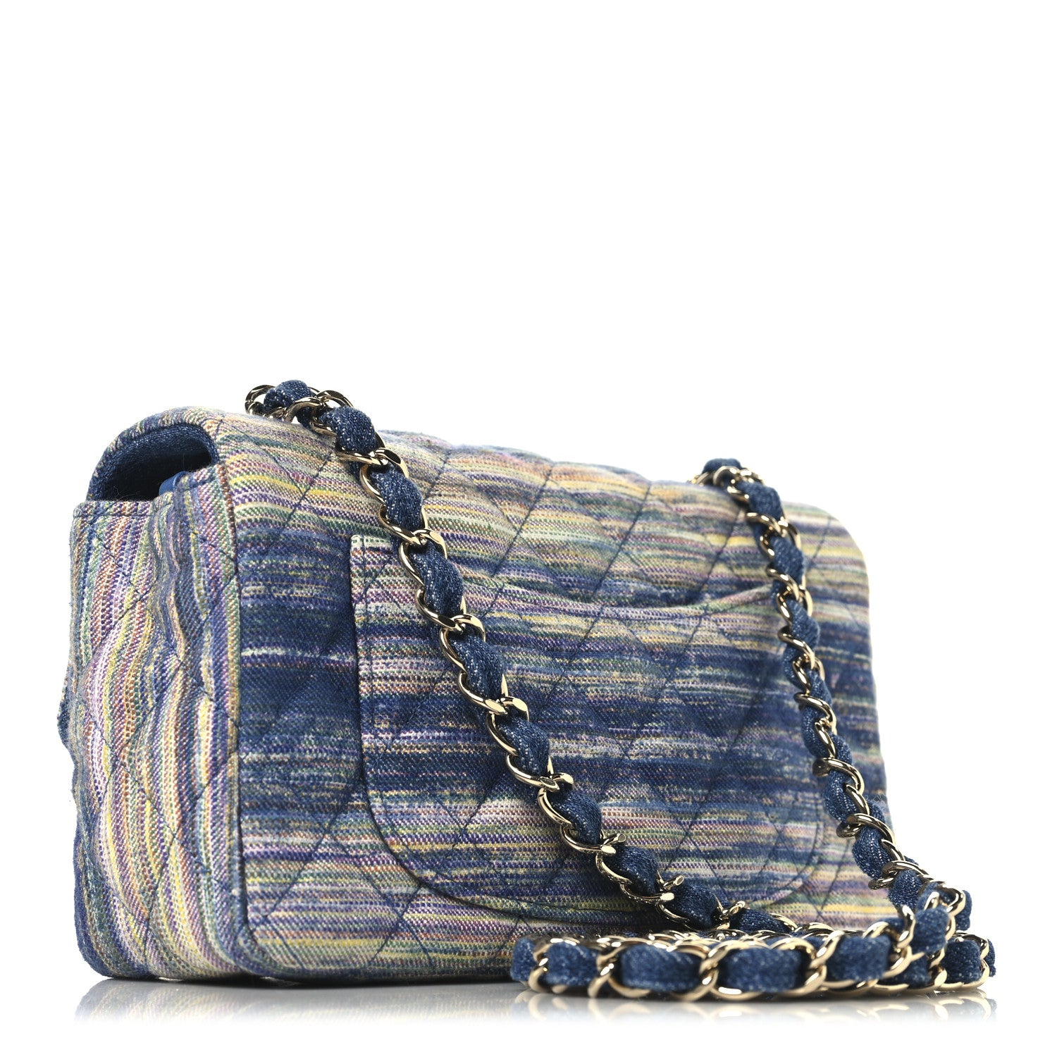 Chanel Striated Denim Quilted Classics in Fabrics Mini Rectangular Flap Navy Yellow Purple Green Multicolor 3 of 10