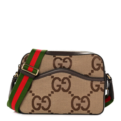 Gucci Monogram Jumbo GG Textured Dollar Calfskin Web Messenger Shoulder Bag Camel Ebony New Acero 1 of 11