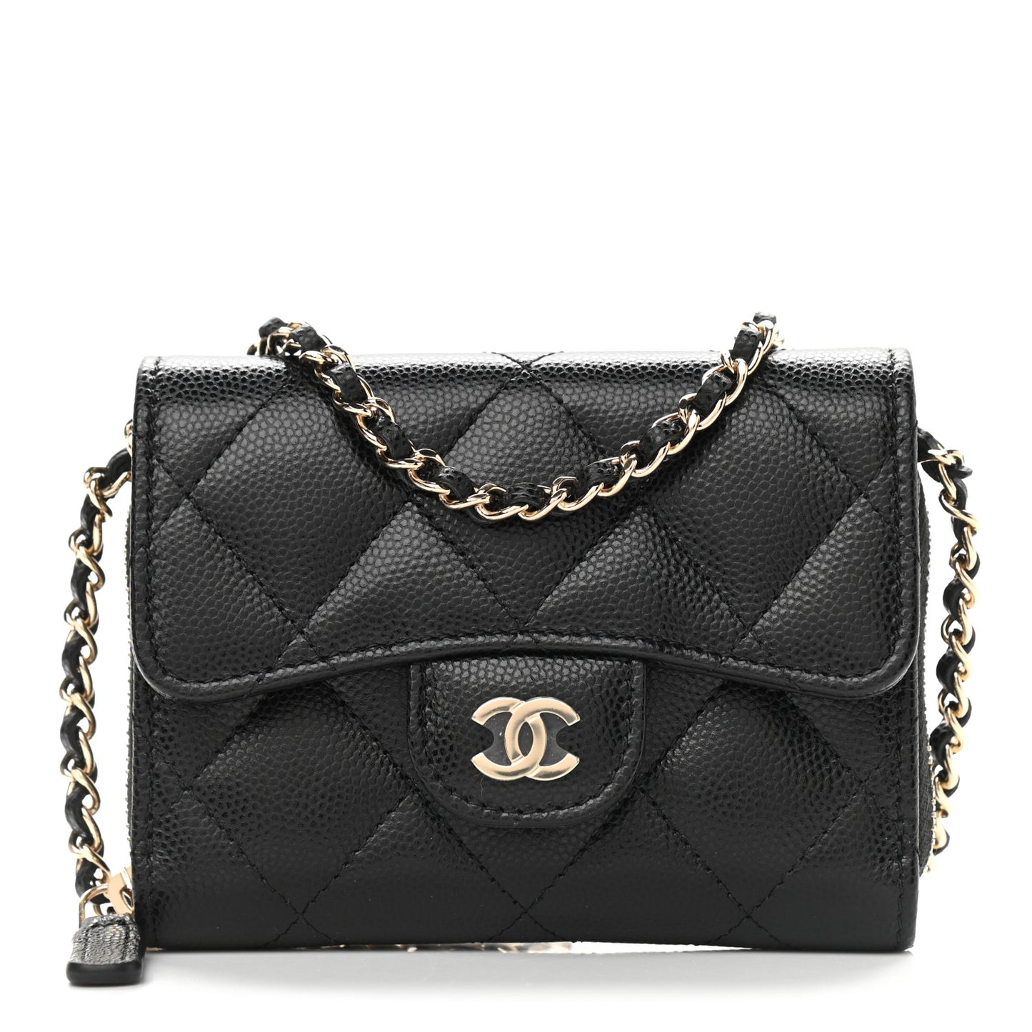 Caviar Quilted Flap Zip Card Holder On Chain Black