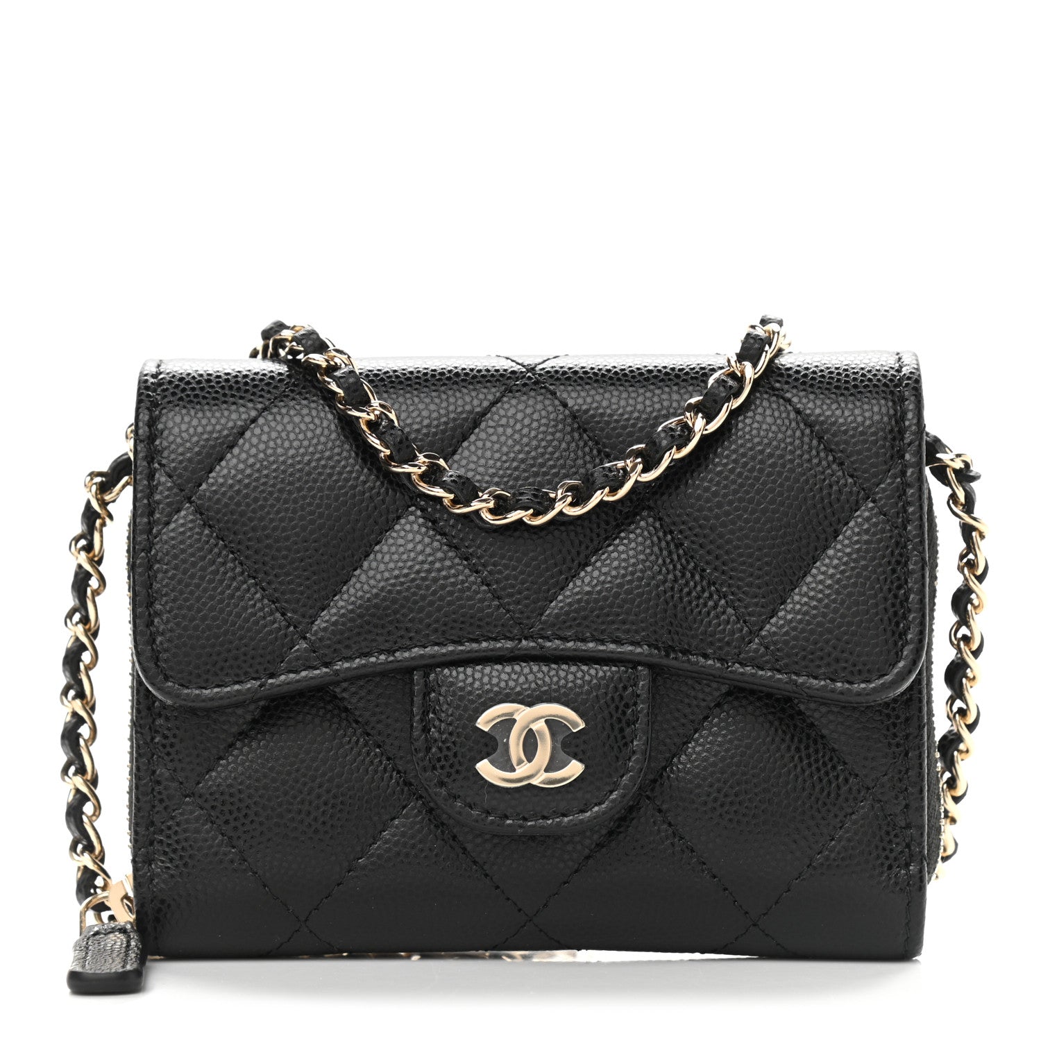 Chanel Caviar Quilted Flap Zip Card Holder On Chain Black 1 of 9