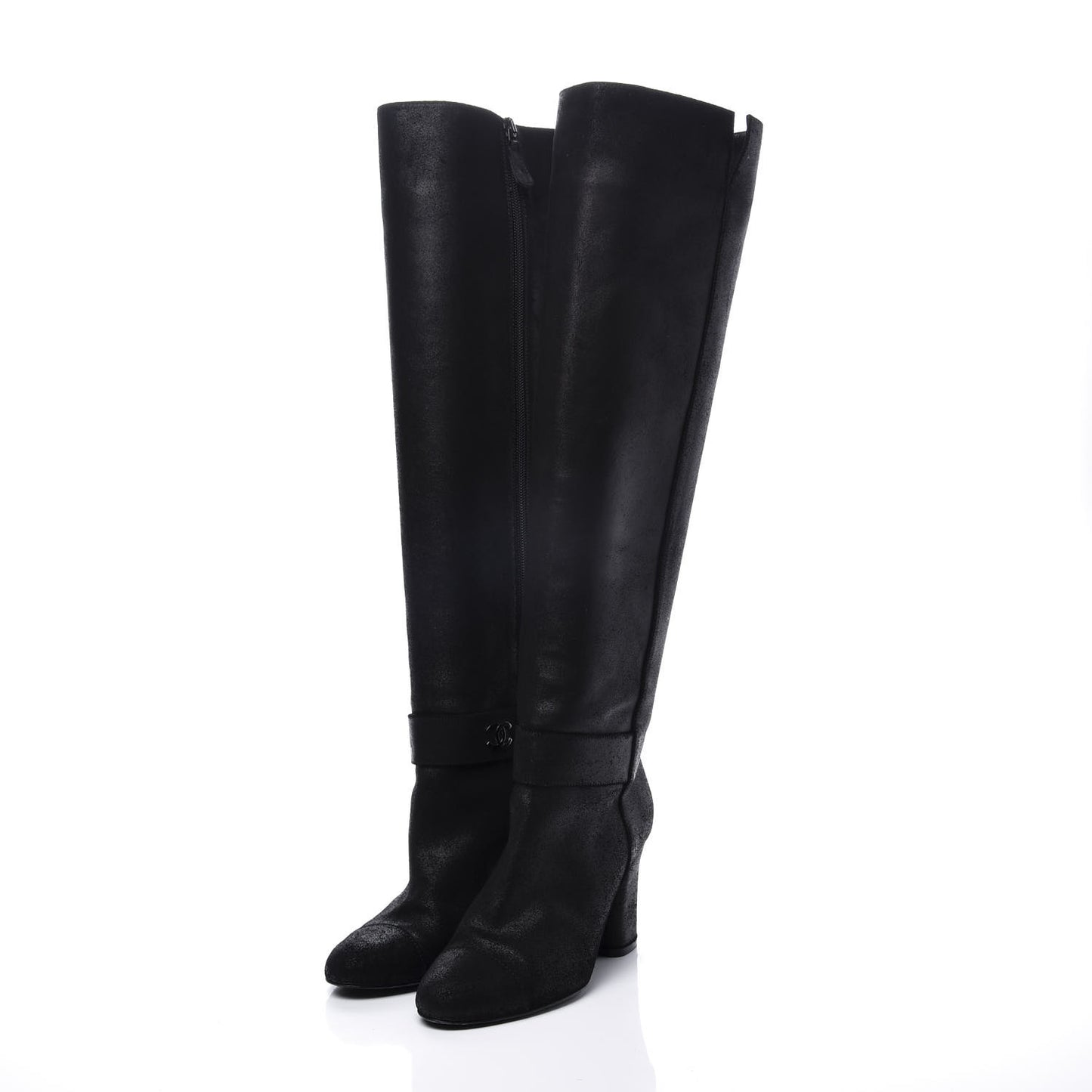 Suede Calfskin CC Knee High Boots 38 Black