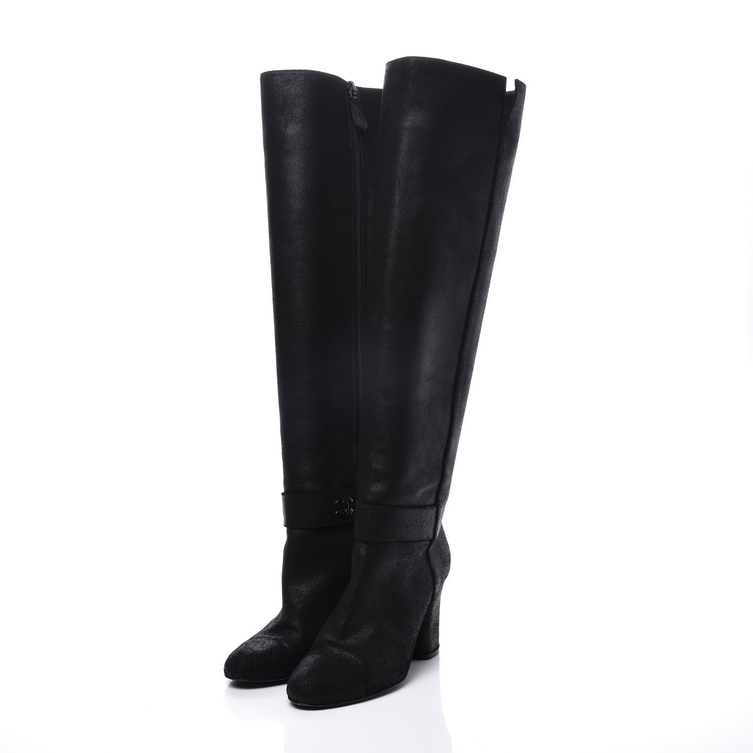 Chanel Suede Calfskin CC Knee High Boots 38 Black 2 of 10