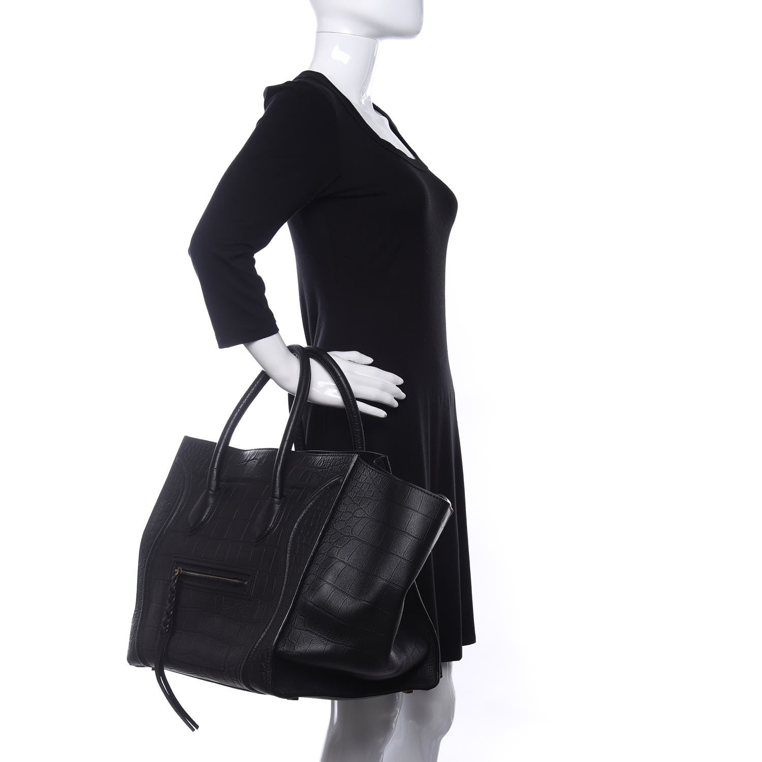 Celine Crocodile Embossed Calfskin Medium Phantom Luggage Black 2 of 8