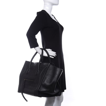 Celine Crocodile Embossed Calfskin Medium Phantom Luggage Black 2 of 8