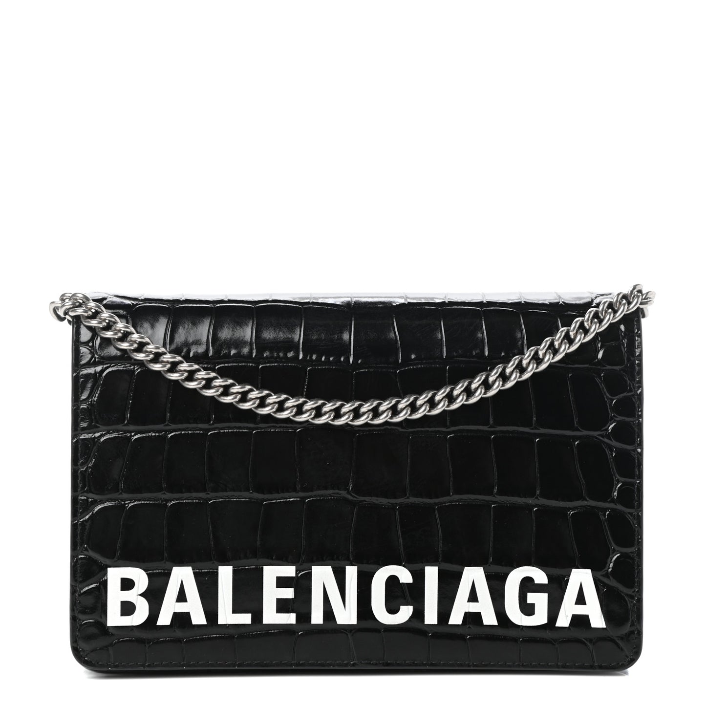Shiny Calfskin Logo Crocodile Embossed Ville Wallet on Chain Black