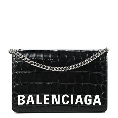 Balenciaga Shiny Calfskin Logo Crocodile Embossed Ville Wallet on Chain Black 1 of 9