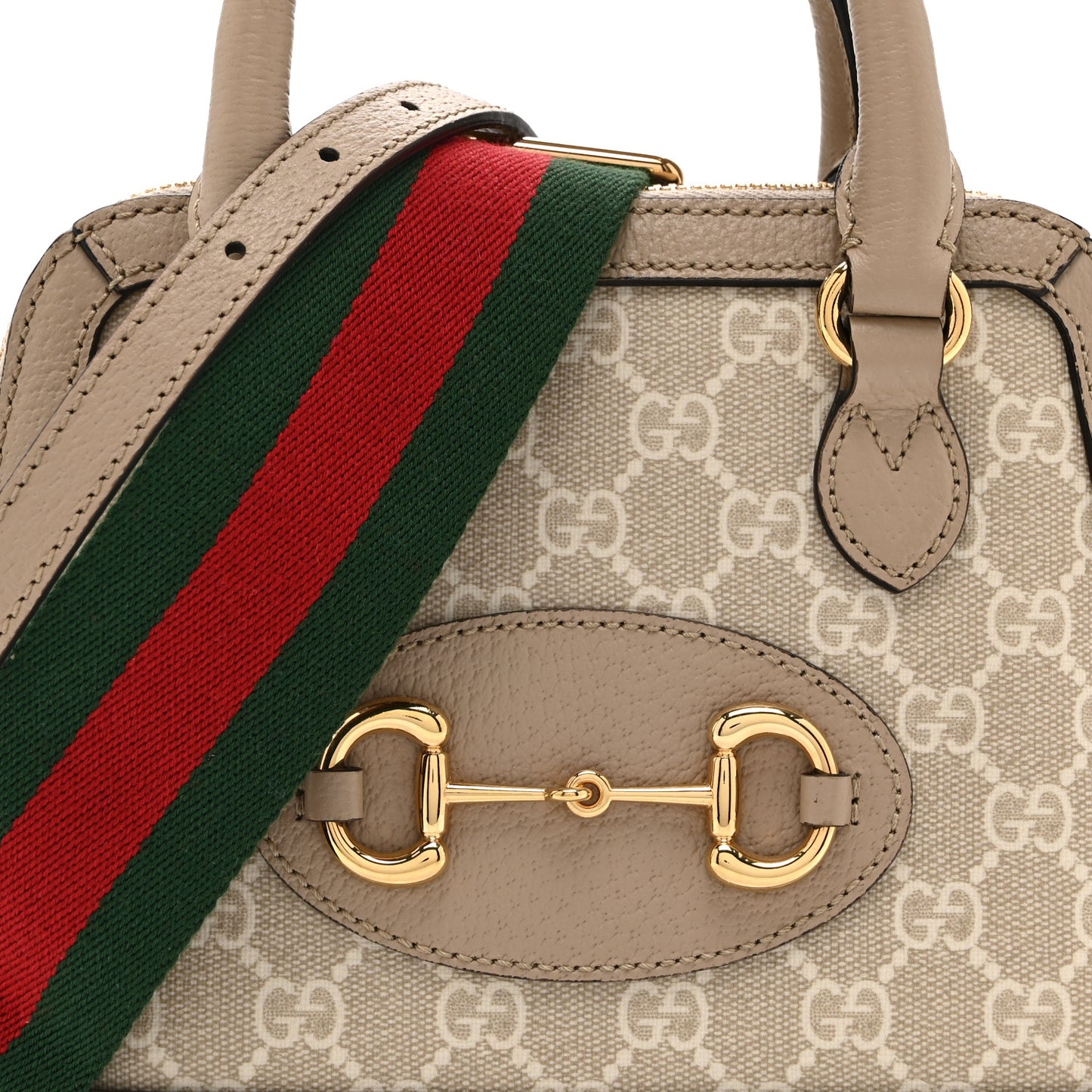 GG Supreme Monogram Textured Dollar Calfskin Mini Horsebit 1955 Top Handle Bag Beige Mystic White Oatmeal