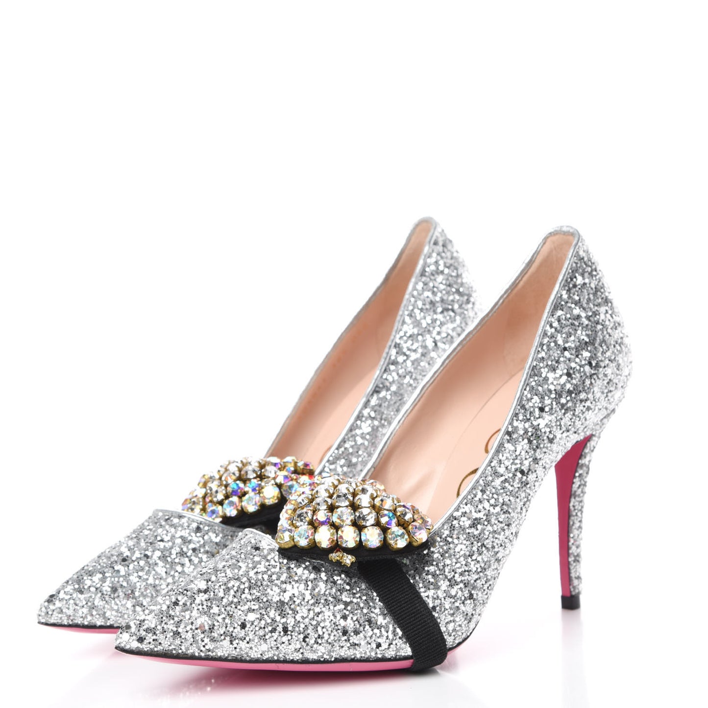 Nappa Silk Glitter Removable Crystal Heart Pumps 38.5 Argento