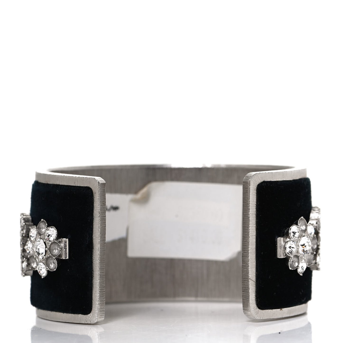 Metal Velvet Crystal CC Flower Cuff Bracelet Silver Black