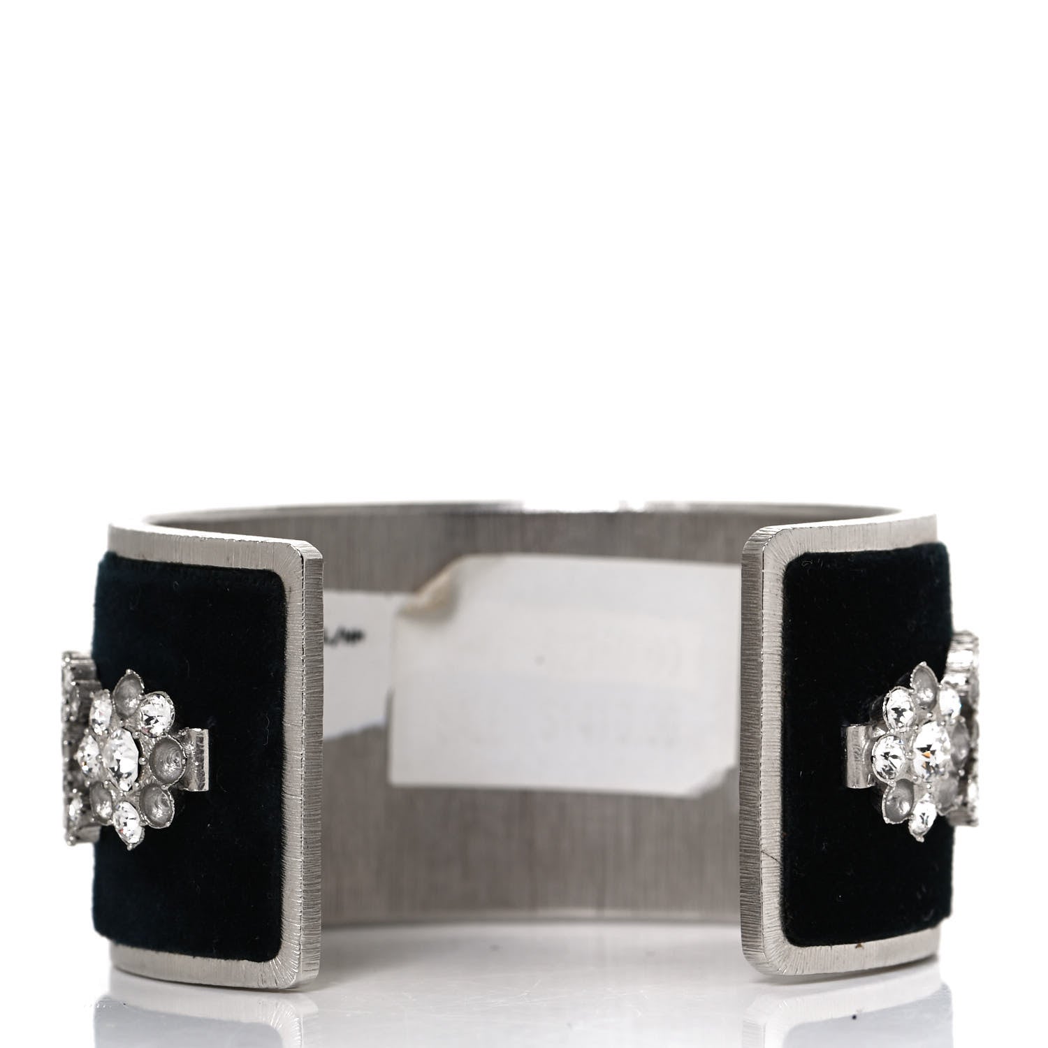 Chanel Metal Velvet Crystal CC Flower Cuff Bracelet Silver Black 2 of 6