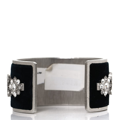 Chanel Metal Velvet Crystal CC Flower Cuff Bracelet Silver Black 2 of 6