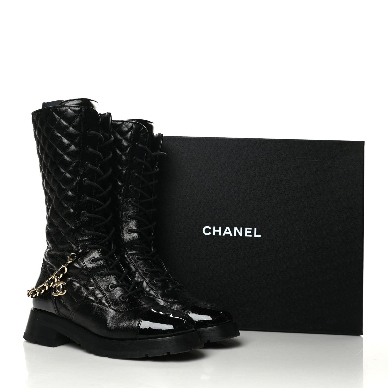 Chanel Shiny Calfskin Patent Quilted Chain Lace Up Combat Boots 40 Black 9 of 9