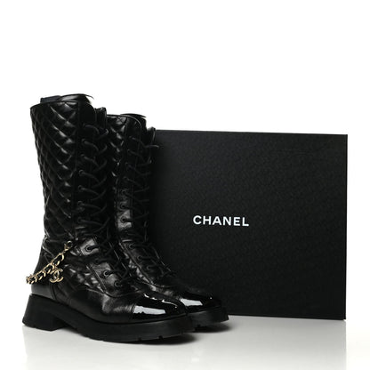 Chanel Shiny Calfskin Patent Quilted Chain Lace Up Combat Boots 40 Black 9 of 9