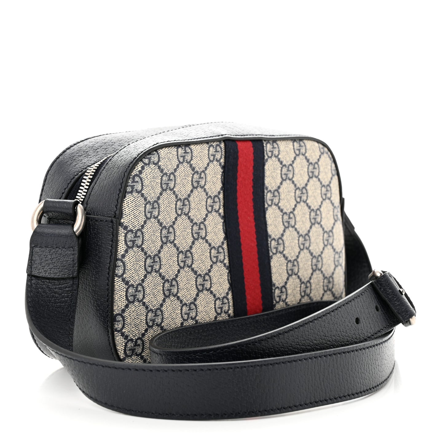GG Supreme Monogram Textured Dollar Calfskin Web Small Ophidia Camera Bag Beige Blue