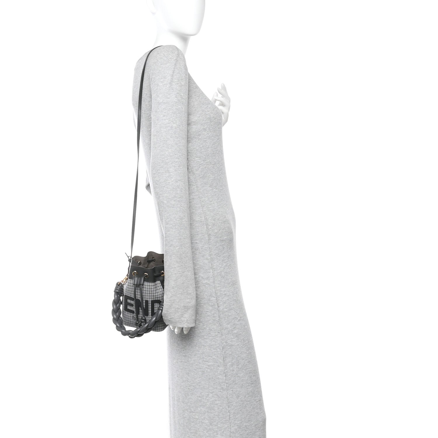 Fendi Wool Vitello Grace Small Houndstooth Mini Mon Tresor Bucket Bag Grigio Anthracite 3 of 10