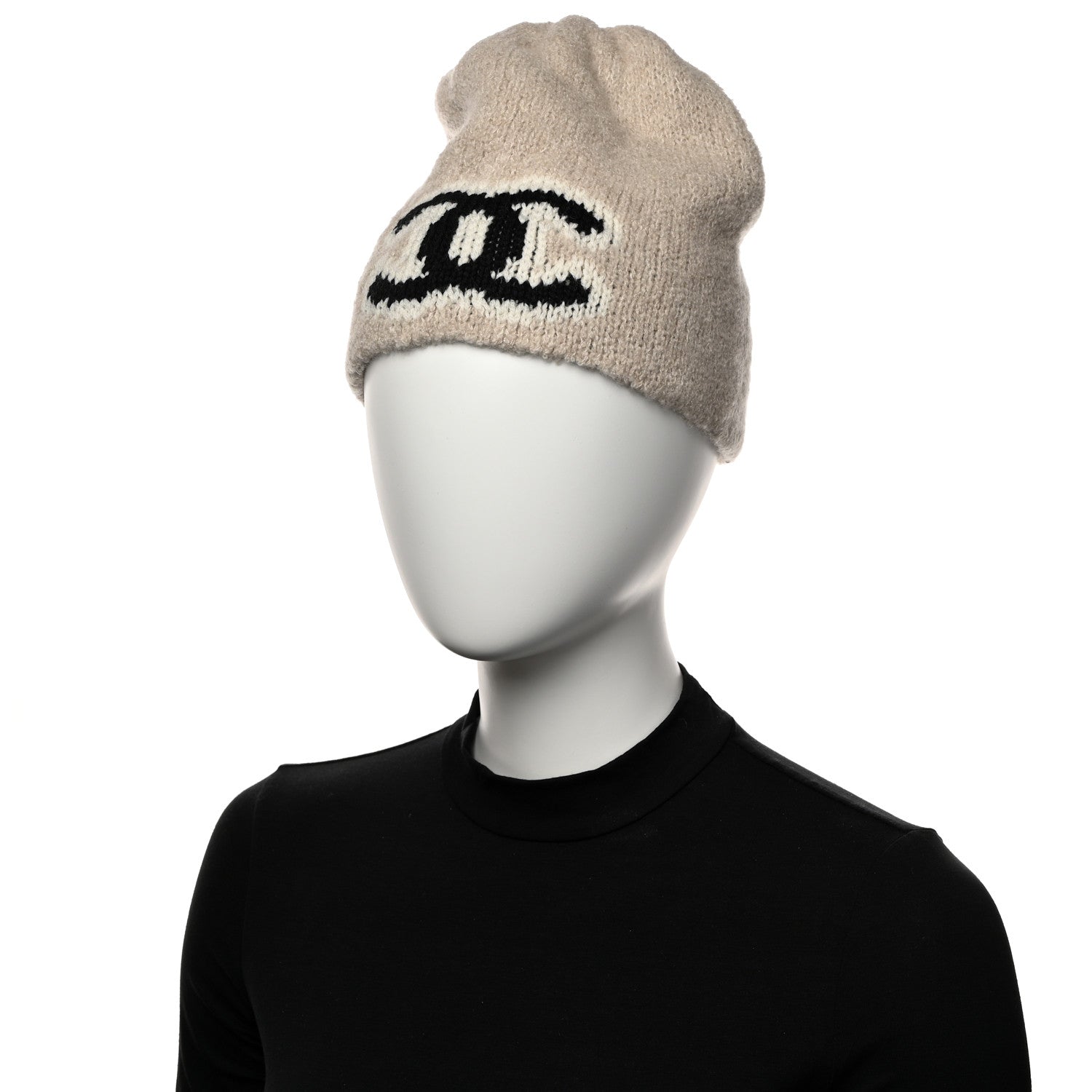 Chanel Wool Cashmere CC Beanie Hat Beige Black White 2 of 7