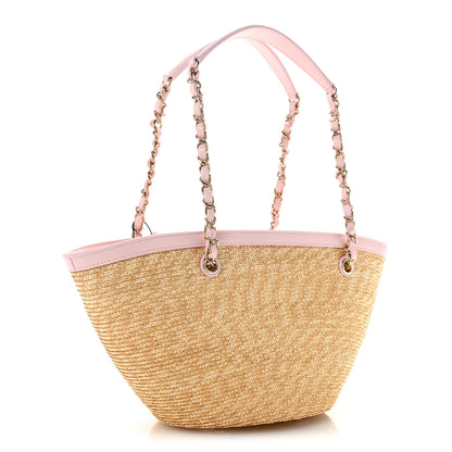 Chanel Raffia Braided Lambskin Small Wicker Tote Beige Light Pink 3 of 11