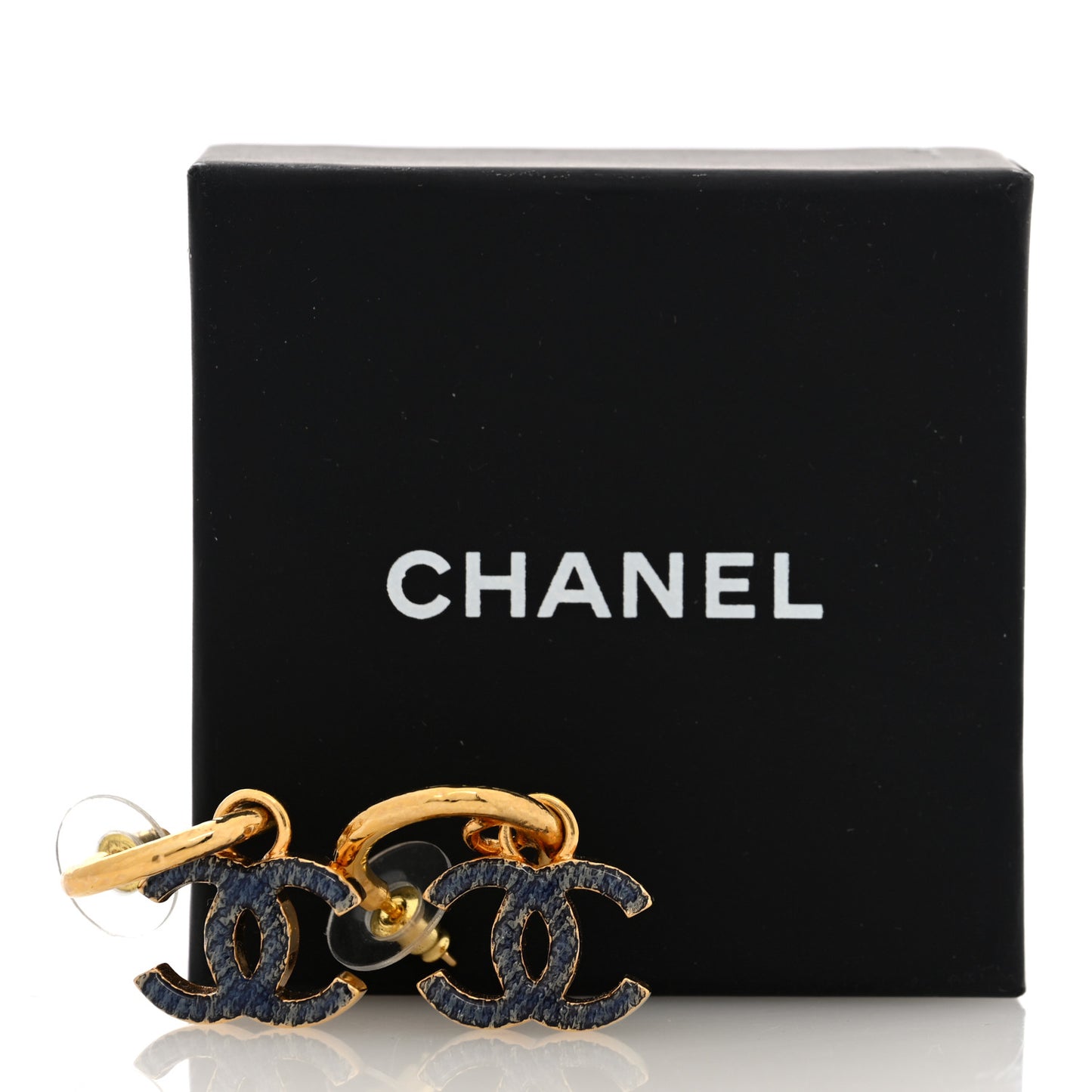 Metal Enamel CC Hoop Earrings Gold Denim Blue