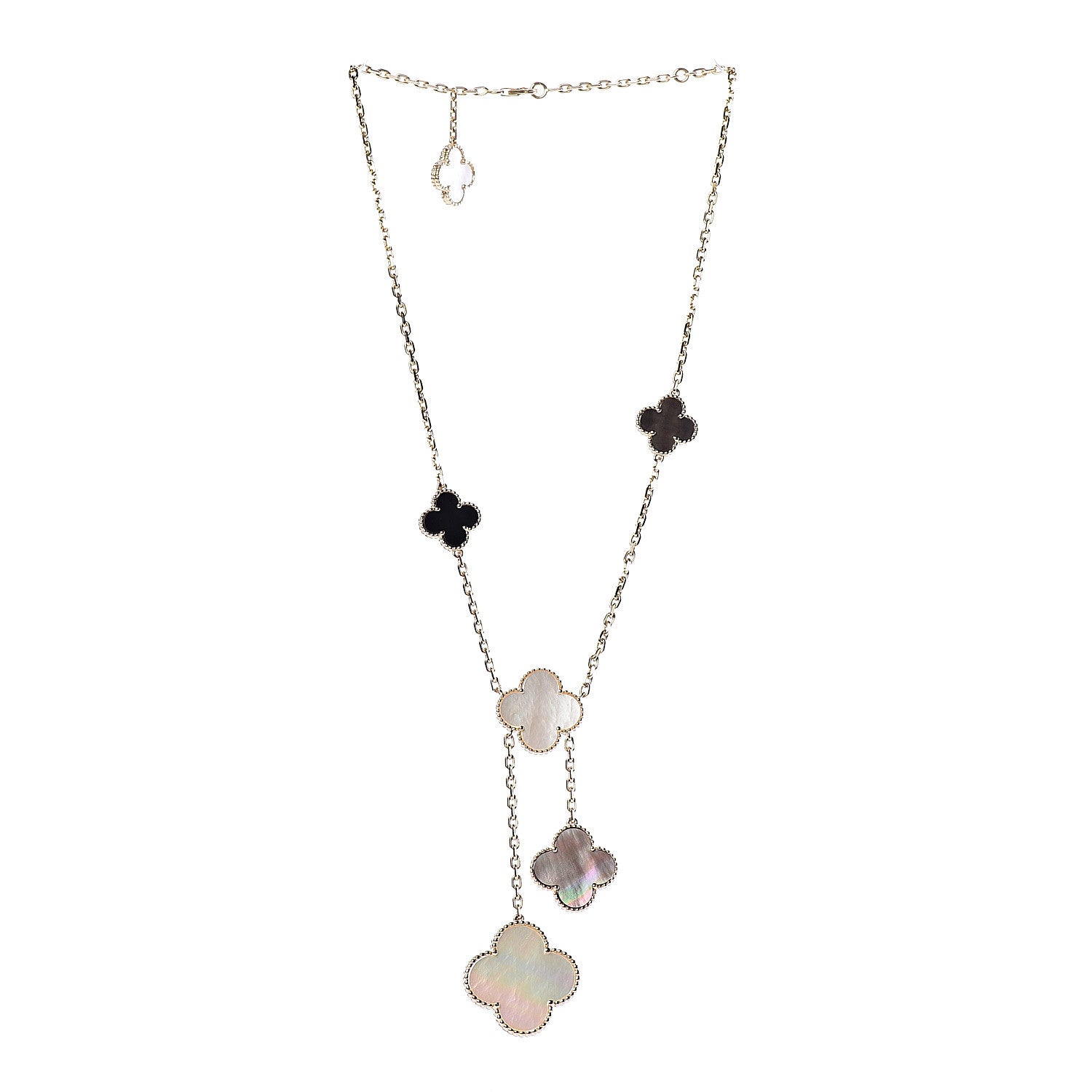 Van Cleef & Arpels 18K Yellow Gold Mother of Pearl Onyx 6 Motifs Magic Alhambra Necklace 3 of 7
