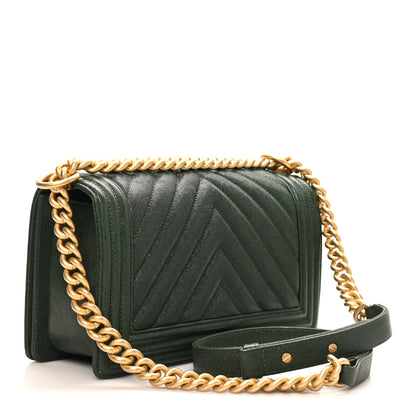Chanel Caviar Chevron Quilted Medium Boy Flap Dark Green 3 of 11