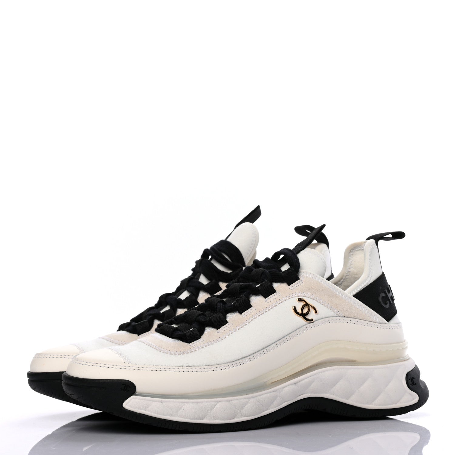 Chanel Velvet Calfskin Mixed Fibers CC Sneakers 37 Ivory Black 3 of 8