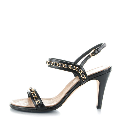Chanel Crumpled Calfskin Chain Sandals 37.5 Black 1 of 9