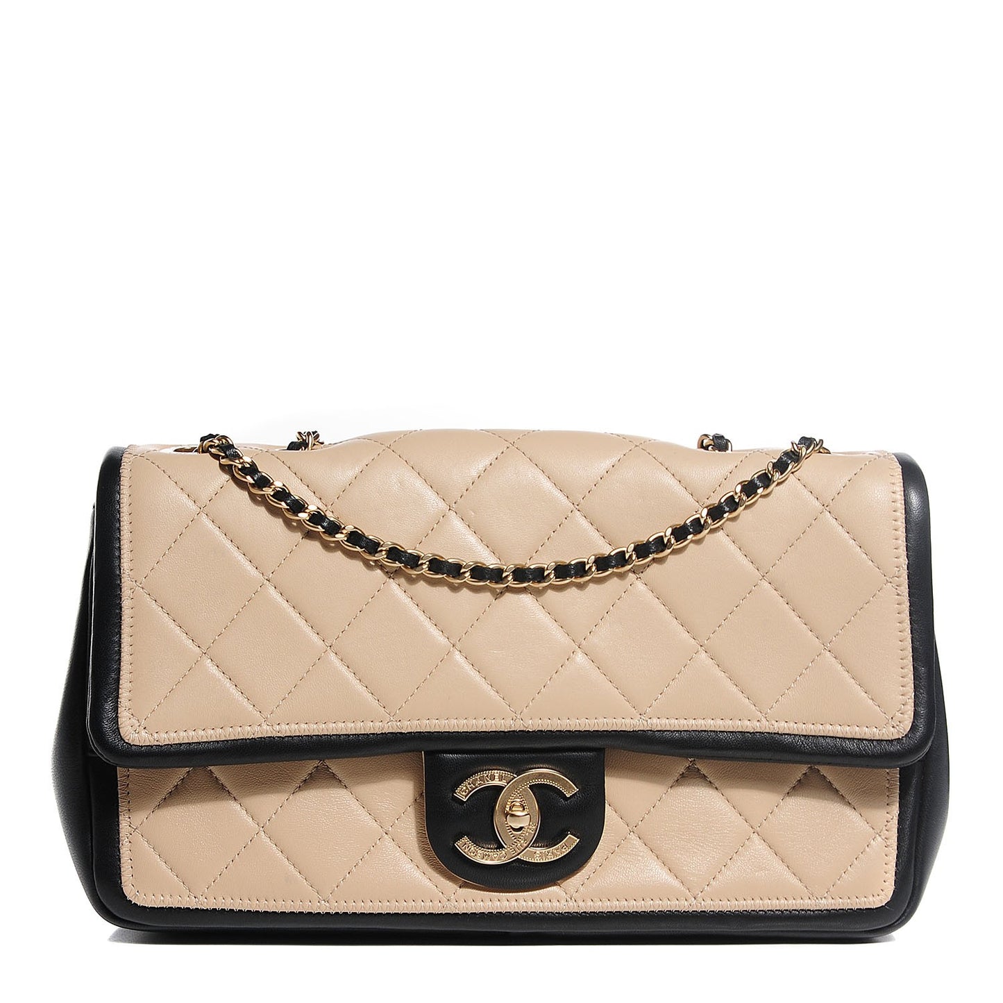 Lambskin Quilted Medium Graphic Flap Beige Black