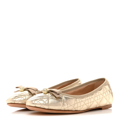 Christian Dior Metallic Lambskin Cannage Pearl Bow Ballet Flats 38 Pale Gold 4 of 10