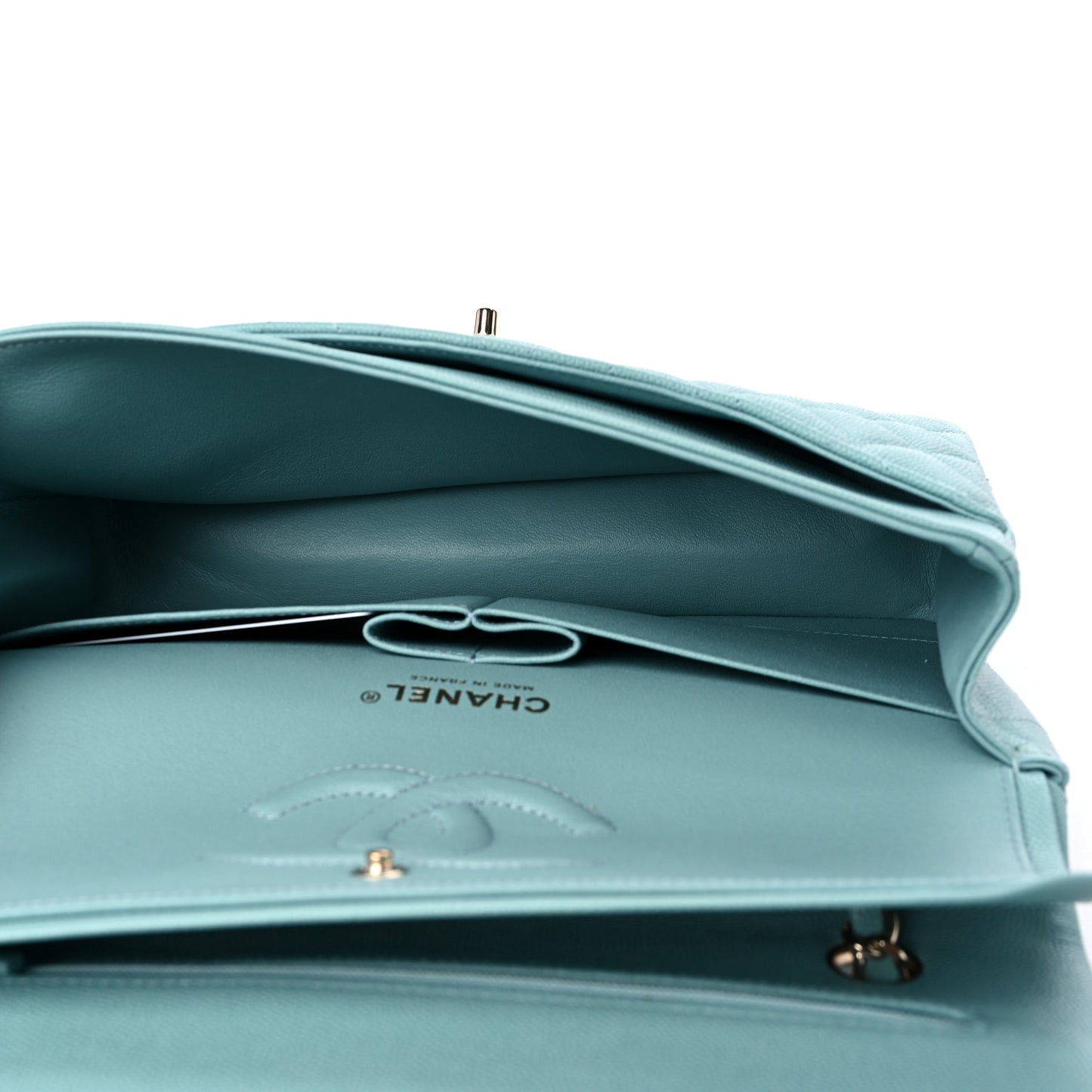 Caviar Quilted Medium Double Flap Light Blue