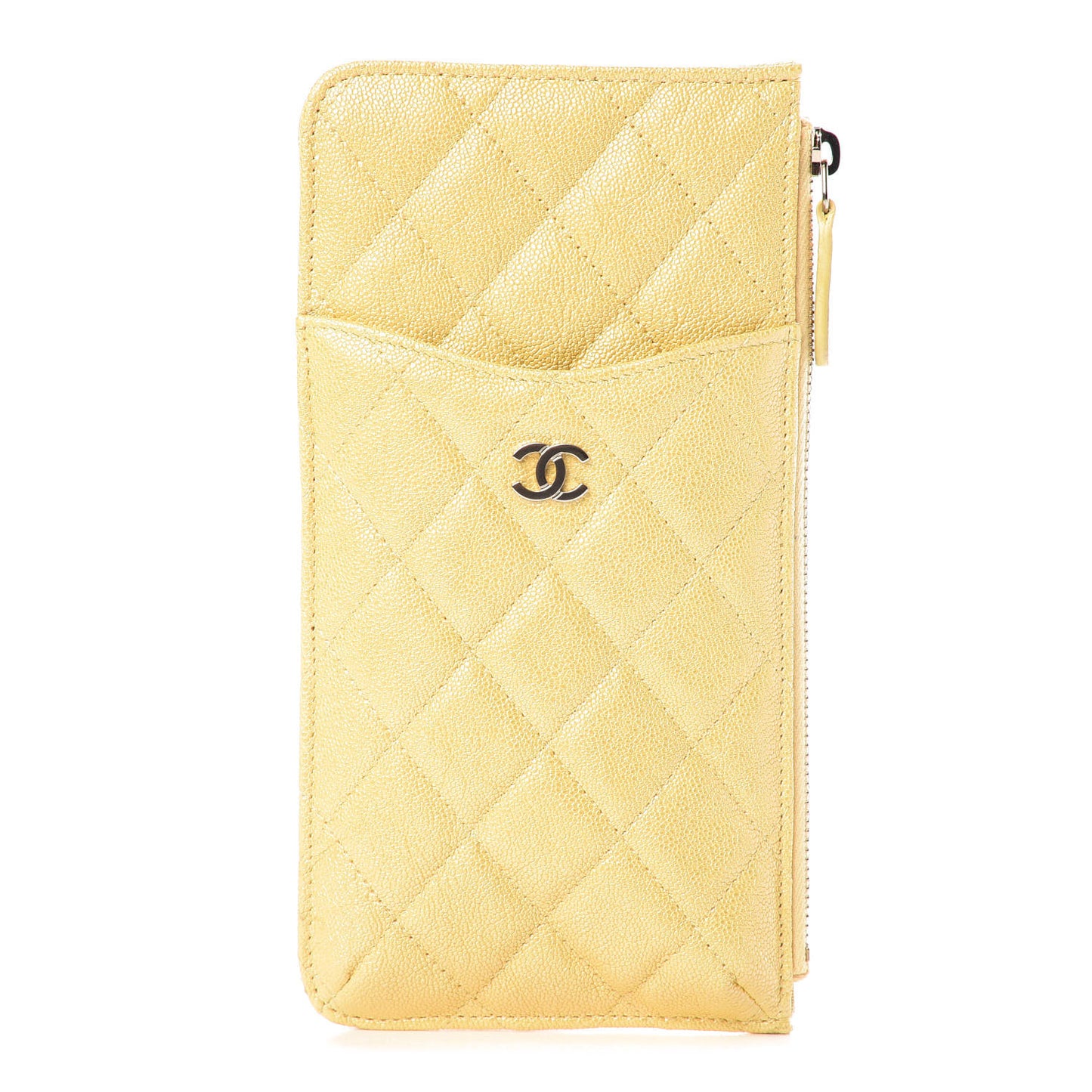 Iridescent Caviar Quilted Classic Flat Wallet Pouch Yellow