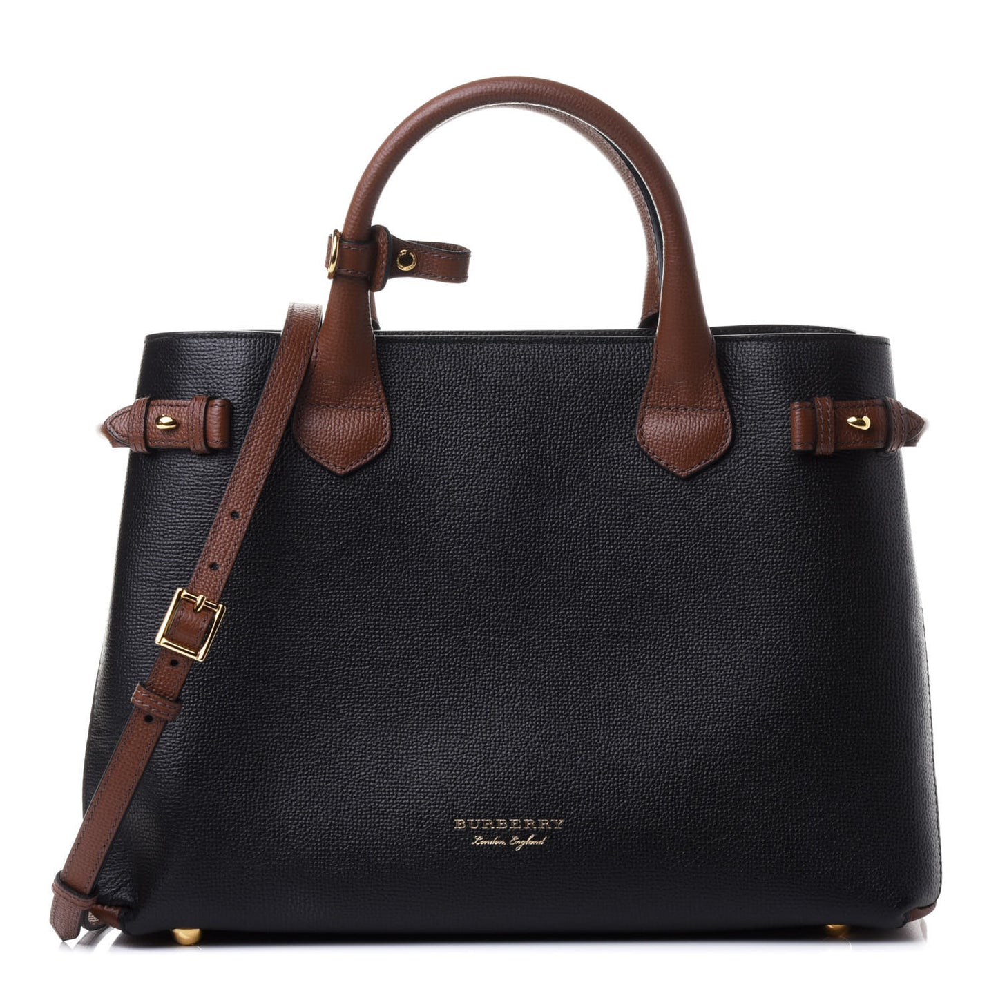 Grainy Calfskin House Check Two Tone Medium Banner Tote Black Brown