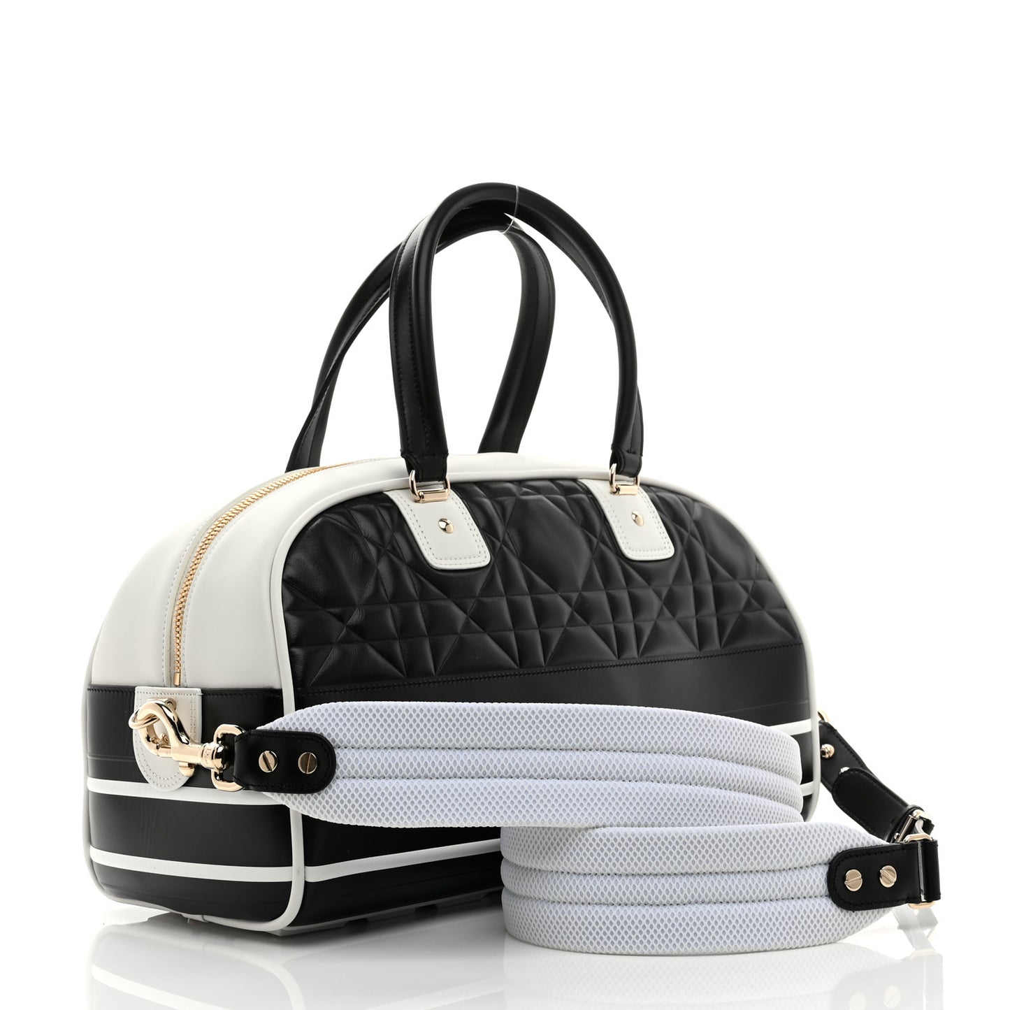 Lambskin Cannage Medium Dior Vibe Zip Bowling Bag Black White