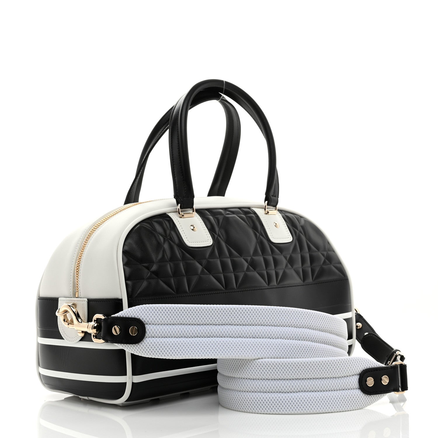 Christian Dior Lambskin Cannage Medium Dior Vibe Zip Bowling Bag Black White 3 of 10