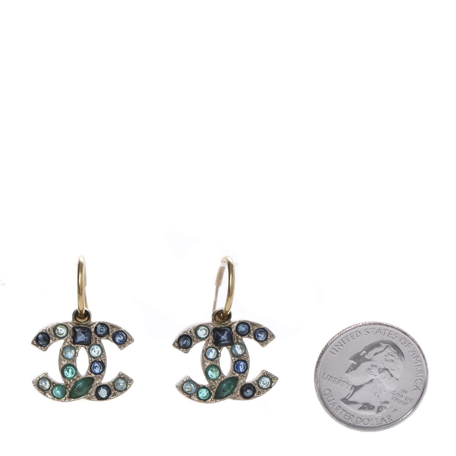 Chanel Crystal CC Dangle Earrings Dark Blue Gold 2 of 5